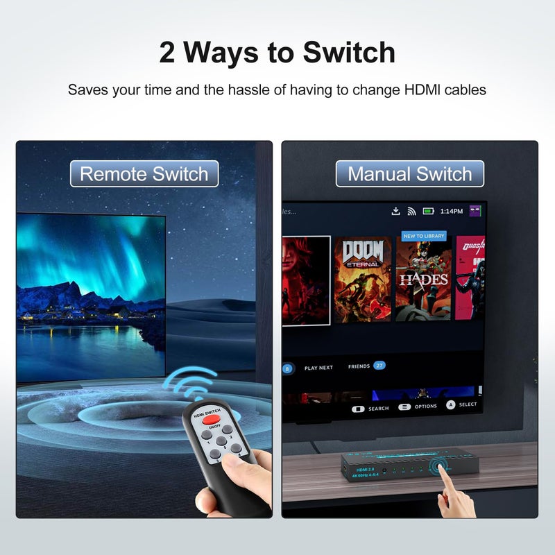 SGEYR 4K HDMI Switcher 5x1 with IR Remote, High-Speed 5 Port HDMI Selector Box 4K@60Hz Support HDR HDCP2.2 for PS5, Xbox, Roku, Fire Stick - Streamline Your Gaming Setup(Black) - Image 3